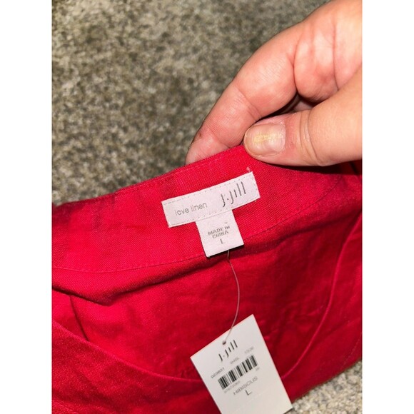 J. Jill 100% Linen Dress Womens L Casual Red Hibiscus‎ Midi Bright - Picture 2 of 6